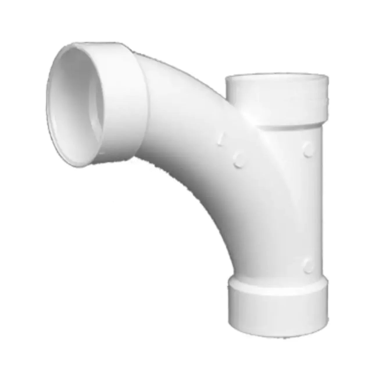 The Go Build 3 in. DWV PVC Comb Wye & 1/8 Bend is a white plastic plumbing fitting with three T-shaped openings and a curved elbow, ideal for sanitary drain, waste, and vent applications.